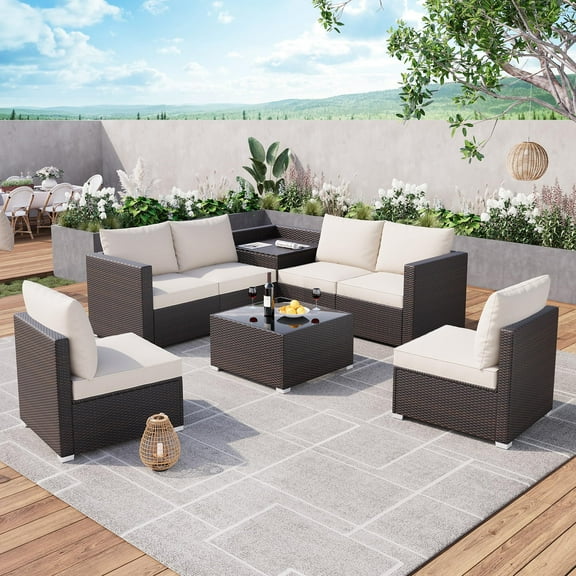 TROPOW 8 Pieces Outdoor Patio Furniture Set with Storage, 4 Inch Cushions Outdoor Wicker Rattan Patio Furniture Sectional Set with Glass Table and Hidden Storage Box, Brown