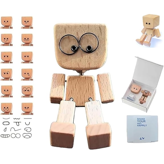 Charming Little Wooden Figure That Sways with 12PCS Expressions,Handcrafted Shaking Wooden Man Figurine Shaking Feet Woodens Doll,Creative Car Dashboard Decorations