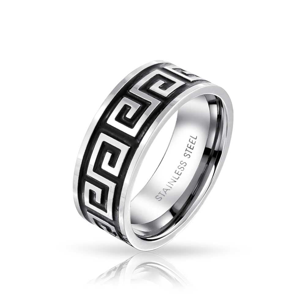 Stainless Steel Matte Finished Greek Key Flat Band Ring