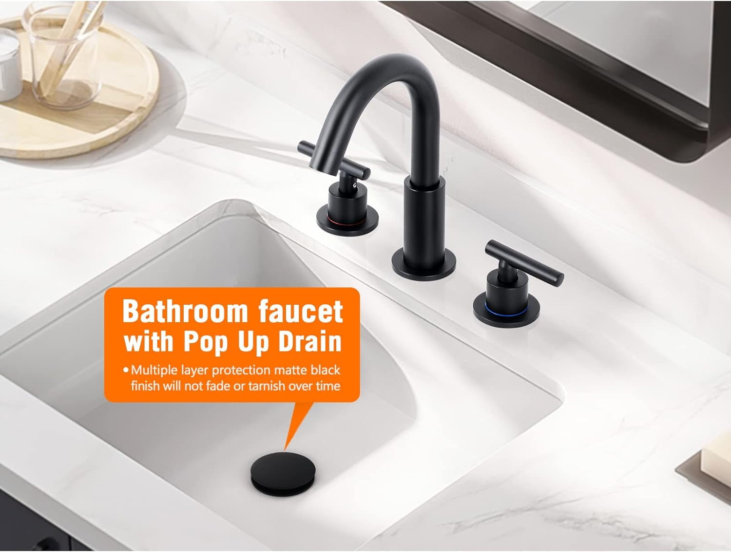Zovajonia Matte Black Bathroom Faucet 3 Pieces with Metal Drain Assembly