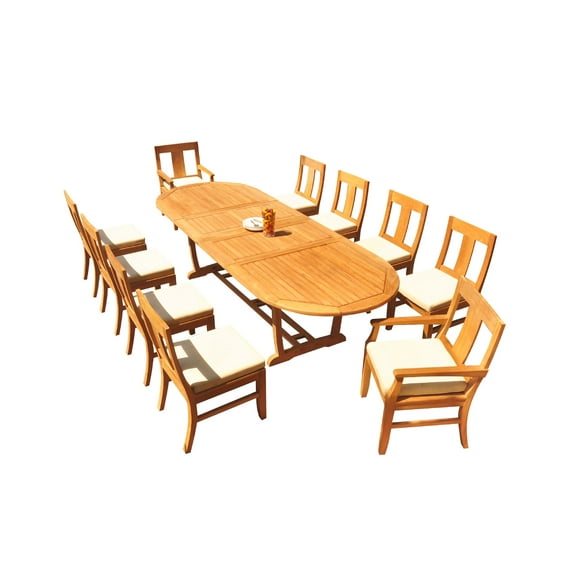 Grade-A Teak Dining Set: 10 Seater 11 Pc: 118" Mas Oval Trestle Leg Table And 10 Osborne Chairs (2 Arm & 8 Armless Chairs) WholesaleTeak #51OS1711