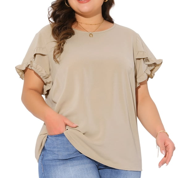 DARING DIVA Women's Plus Crew Neck Ruffle Blouse 1X Deep Apricot