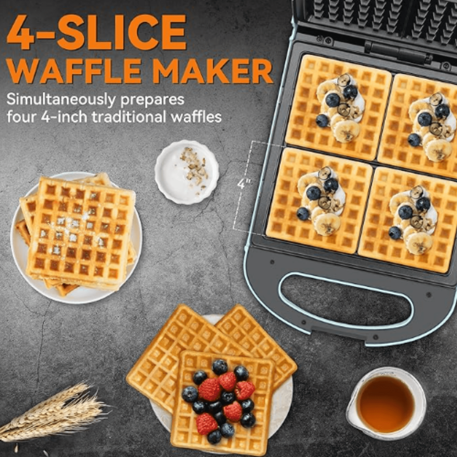 Belgian Waffle Maker, Square Waffle IronNon Stick Cooking Plate, Classic & Multi Waffle Makers, 4-Slice, Aqua