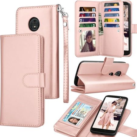 For Moto G6 Play Case, Moto G6 Forge Wallet Case, Motorola G6 Play PU Leather Cases, Tekcoo ID Cash Credit Card Slots Holder Carrying Flip Cover [Detachable Magnetic Hard Case] Kickstand - Rose Gold