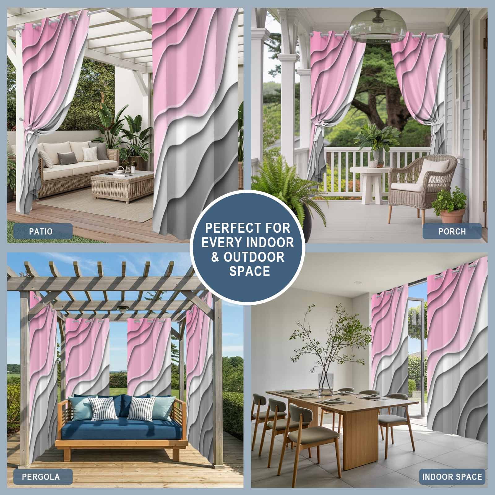 Pink Grey Ombre Outdoor Curtains for Patio Waterproof,Windproof Privacy Curtains with Weighted Bottom,Modern Geometric Abstract Aesthetics Cream Outside Drapes for Picnic Garage Yard 54"x95" 1 Panel