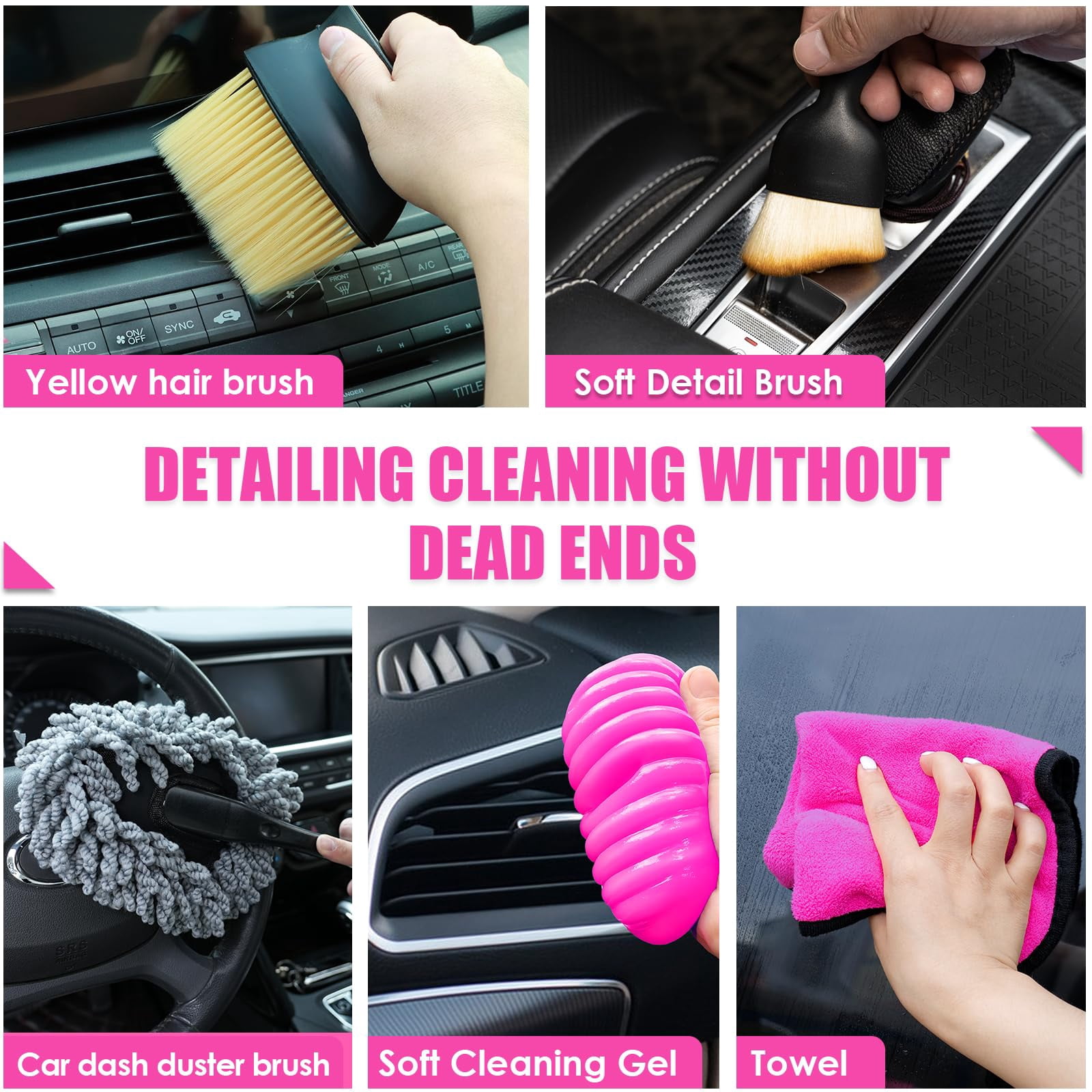 Pink Car Interior Detailing Kit, Auto Cleaning Set with Handheld Vacuum, Detailing Brushes, Windshield Cleaner and Cleaning Gel, Perfect Car Accessories for Women