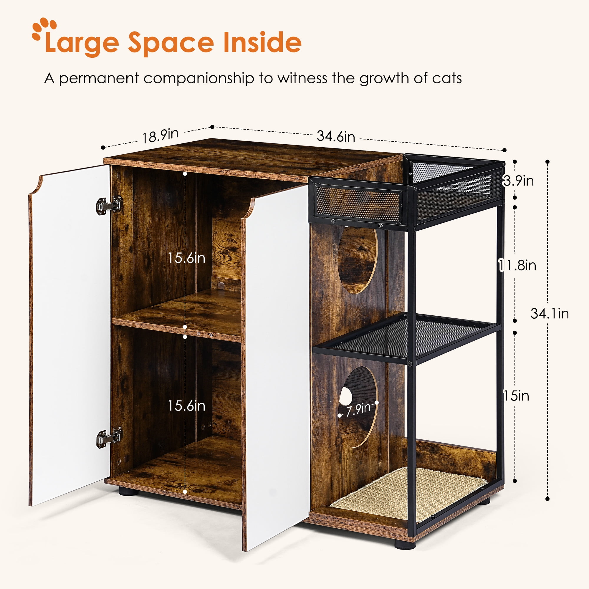 Kadyn 34" Cat Litter Box Enclosure, Hidden Litter Box Furniture, Wooden Cat House Washroom, Storage Cabinet for Living Room, Bedroom, Brown