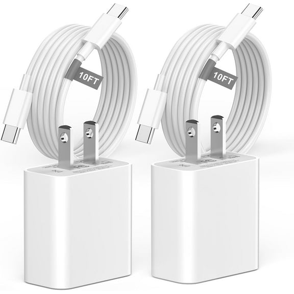 USB-C To USB-C 10 FT Charge Cable With Block (White) 2 Count