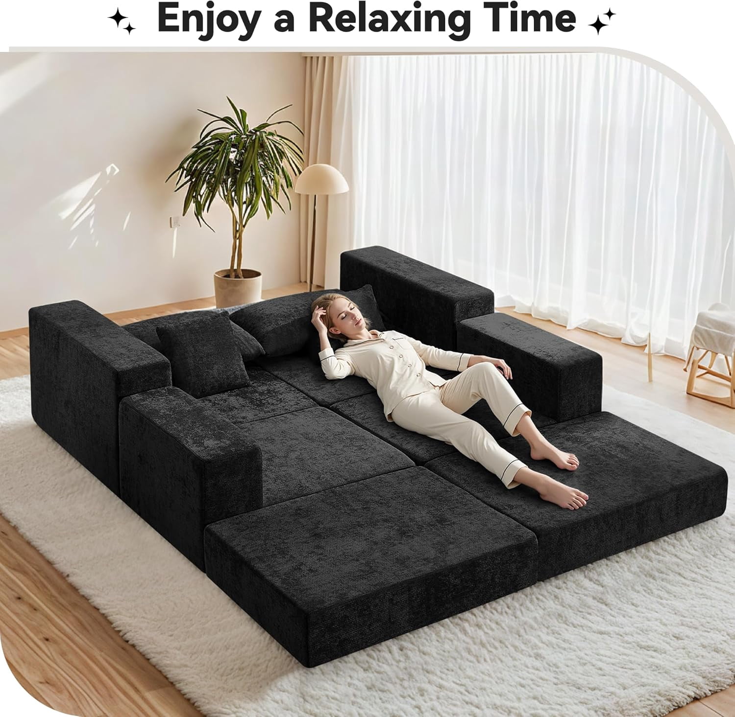 79" Boneless Cloud Loveseat Sofa with Ottoman, Modular Chenille Convertible Floor Couch Bed, No Assembly, Black