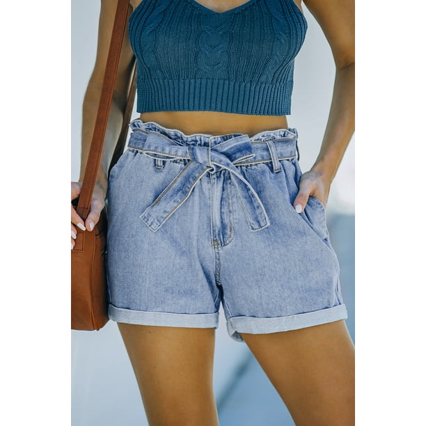 POGLIP Women s Light Blue Paper Bag Waist Denim Shorts