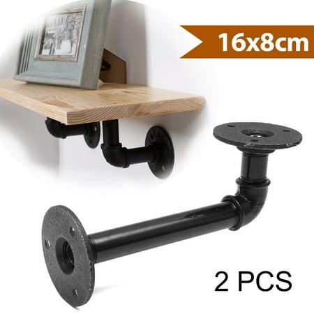 Industrial Wall Mounted Iron Pipe Shelf Bracket Bookshelf, Open Display Rustic Heavy Duty Hardware Floating Shelves for Office Home Christmas Decor (16 x 6 cm, 2-Pack)
