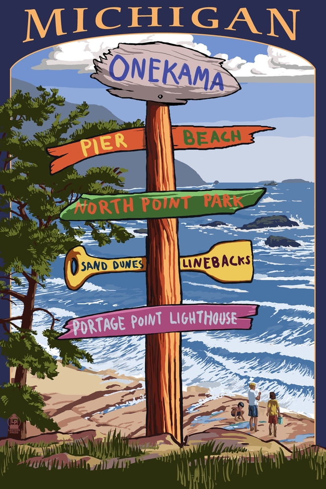 Onekama, Michigan, Sign Post (9x12 Wall Art Print, Home Decor)