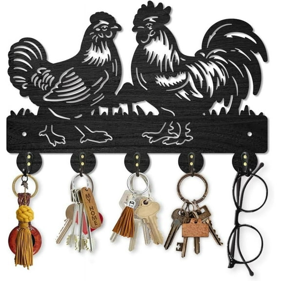 Rooster Hen Coat Hooks Wall Mount Wood Farmhouse Animal Mushroom Key Holder for Wall 11.8×7.9inch Decorative Key Rack 5 Alloy Hooks for Gift Hallway Entryway Kitchen Farm Decor