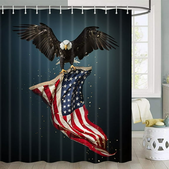 American Flag Shower Curtain, 4th of July Shower Curtain Patriotic Shower Curtain American USA Flag with Flying Bald Eagle Bathroom Curtain Vintage Flag Shower Curtain with Hooks, 72x72 inches