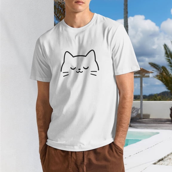 Men's Winking Cat Face Graphic T-Shirt, Cotton Blend Crewneck Short Sleeve Casual Tee