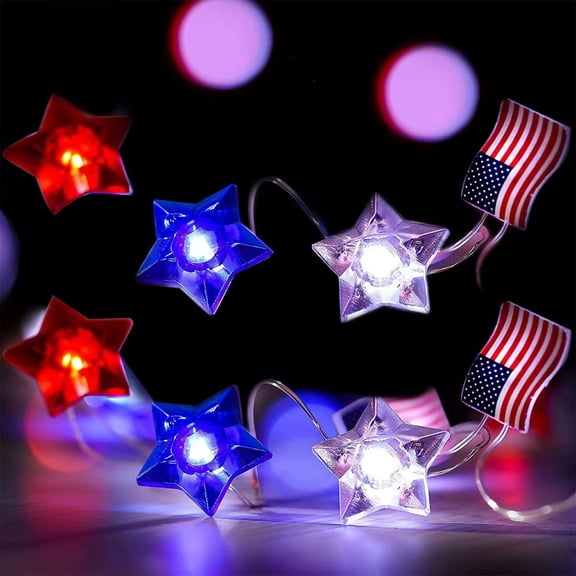 HBYJLZYG Independence Day Decorations, Red White Blue Star and Flag Lights Battery Operated Usa Flag Patriotic Decorations for Indoor Outdoor Memorial Day 4Th of July
