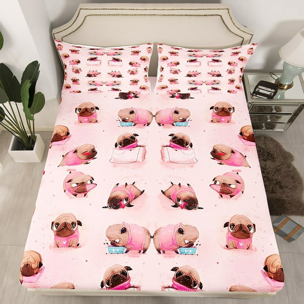 YST Funny Pug Bed Set Cute Dog Bed Sheets Set Animal Pet Themed Sheet Set Queen Girls Pink Sheets Kawaii Cartoon Puppy Top Sheet with 2 Pillow Case Luxurious Room Decor
