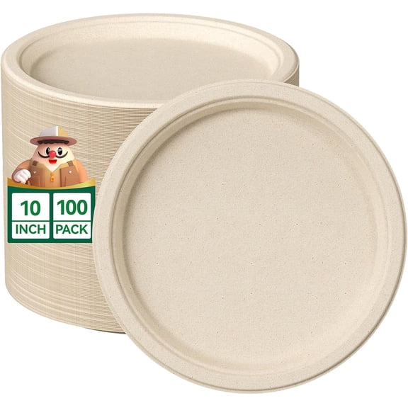 MEKBOK100 Pack Compostable Disposable Paper Plates 10 inch Super Strong 100% Bagasse Natural Biodegradable Eco-Friendly Sugarcane Plates(nature)