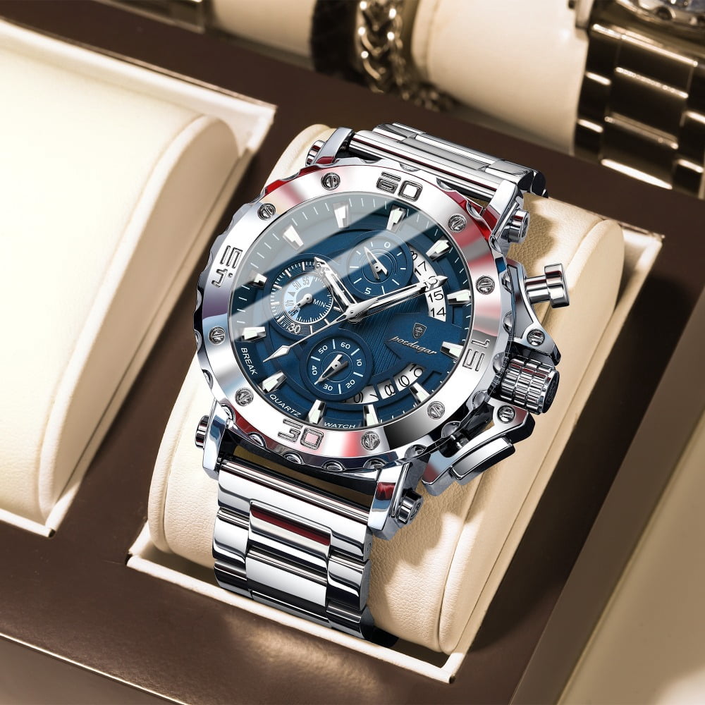 Poedagar Chronograph Watch For Men Luminous Waterproof Alloy Case Stainless Steel Men's Quartz Watch