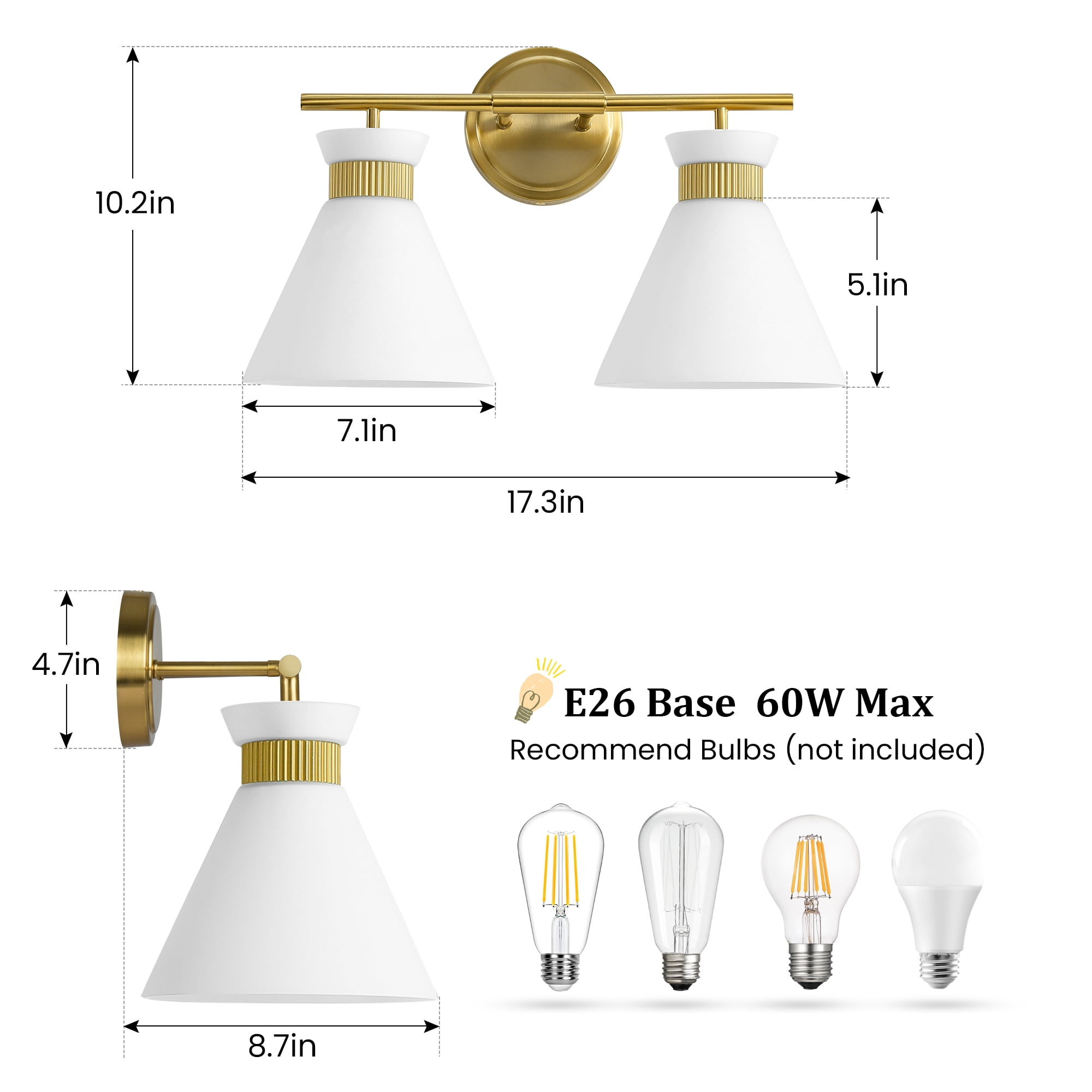 KAISITE 2-Lights Vanity Lights for Bathroom Gold Wall Sconce Lighting with Frosted Milky Glass for over Mirror Bedroom Hallway