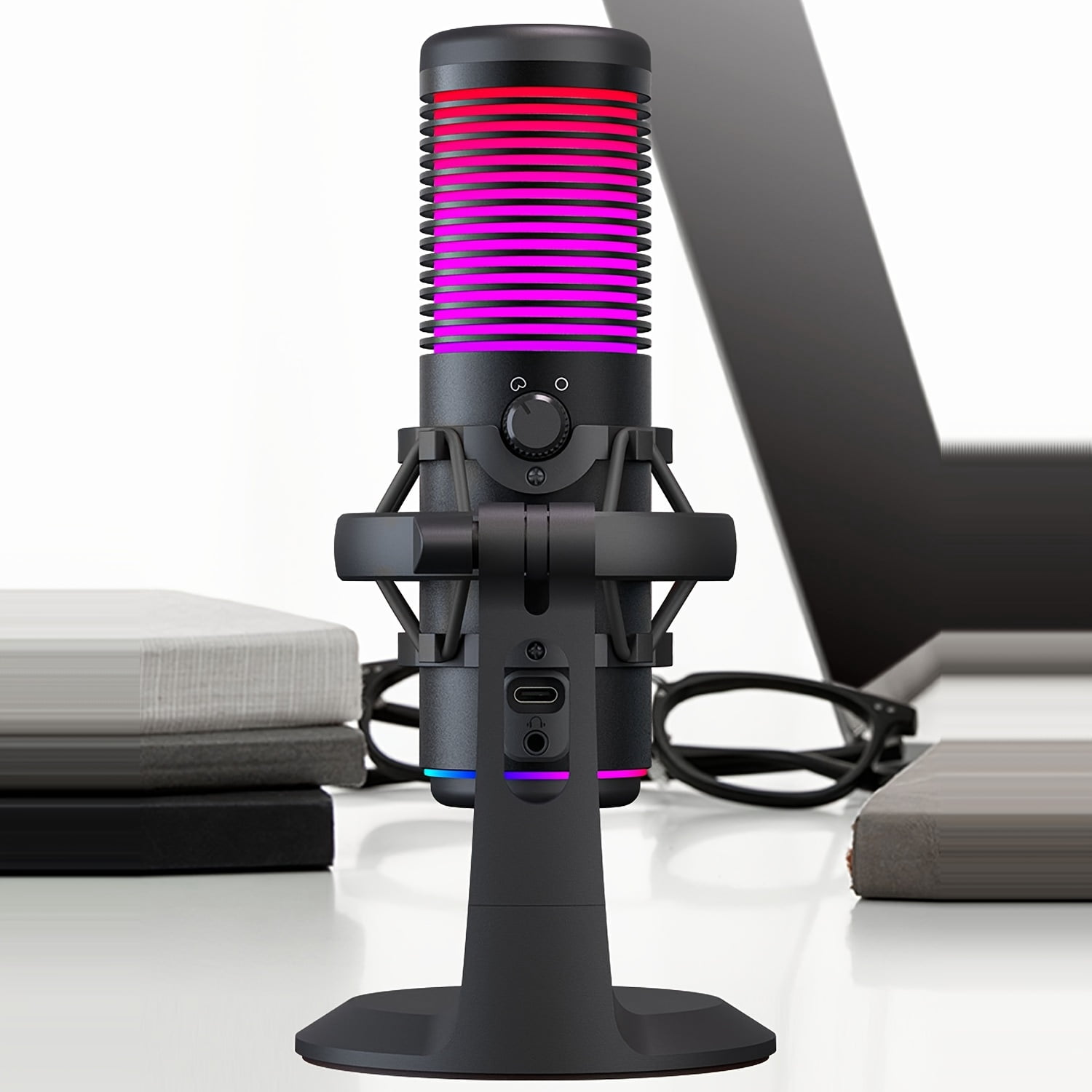 USB Condenser Gaming Microphone with Shock Mount, Gain Control, RGB Microphone for Gaming, Streaming, Podcasting