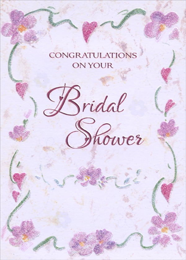 Designer Greetings Sparkling Pink Hearts and Flowers Border with Green Swirls Bridal Shower Congratulations Card