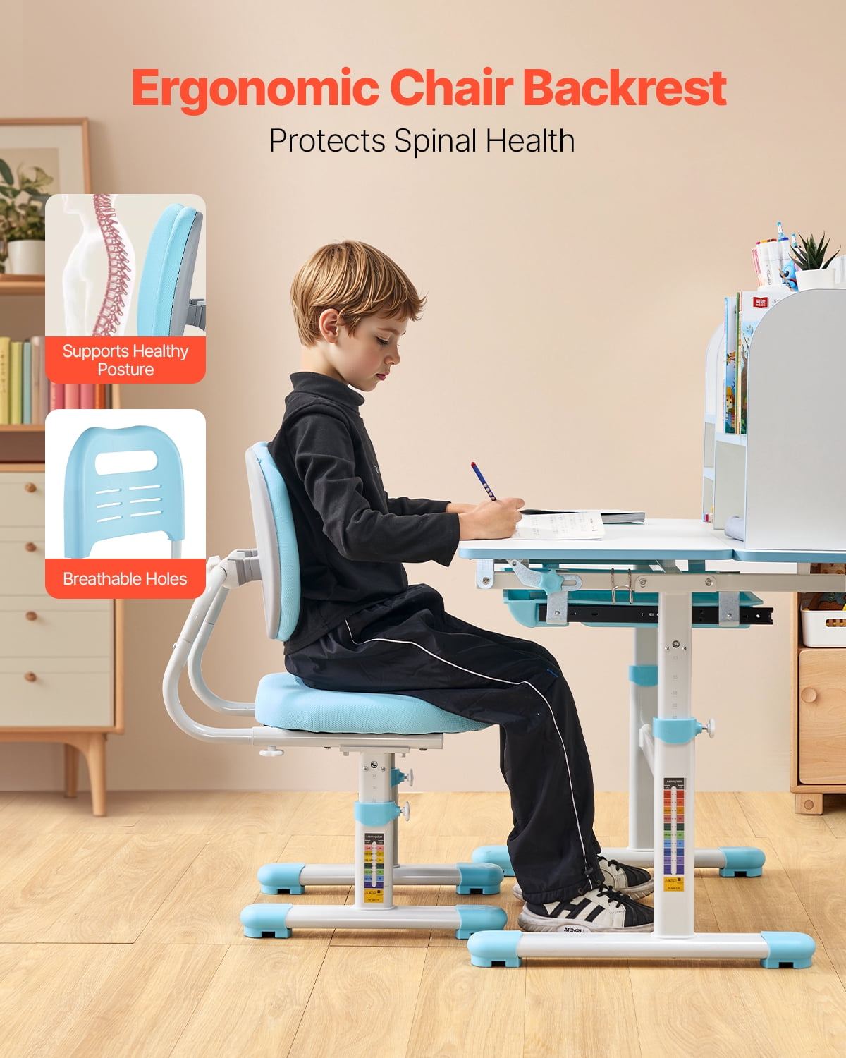 VEVOR Kids Study Chair and Desk Set, Study Desk and Chair for Kids with Bookshelf & Storage Drawer, Adjustable Height & 0-40° Tilted Desktop Desk and Chair, Study Table for Bedroom & Study Room, Blue