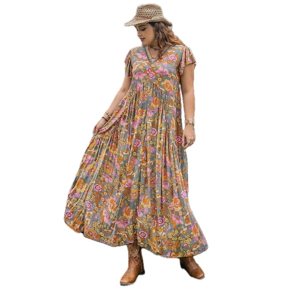 Women's Plus Size Ruffled Printed Cap Sleeve Dress 100% viscose Fabric for comfortable fit and drape for everyday wear