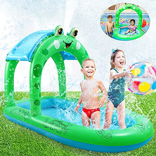 Kiddie Pool Splash Pad Kids Sprinkler 68 Inches Frog Pool Float, 4 in