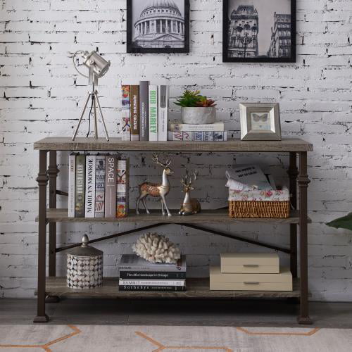 Grey Oak Finish Hallway Industrial Rustic Entryway Table with Storage Shelf for Living Room Hombazaar 3 Tier Console Sofa Table 47-Inch Long