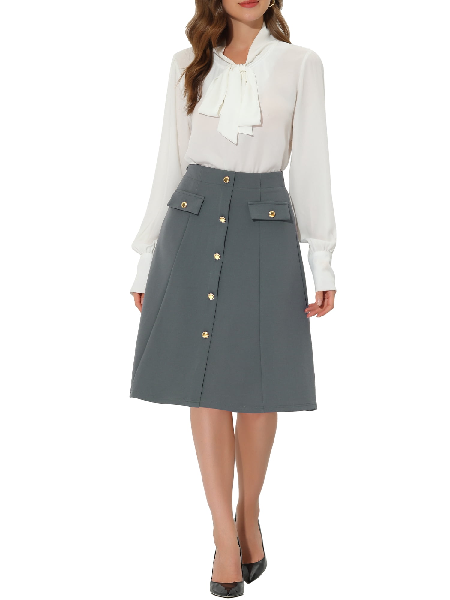 DARING DIVA Women's A-Line Button Front Formal Knee Length Skirt L Gray