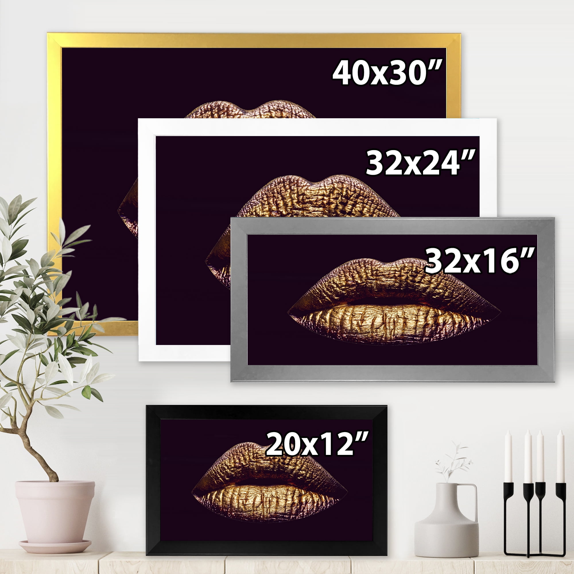Designart 'Sexy Golden Metallized Woman Lips II' Modern Framed Art Print