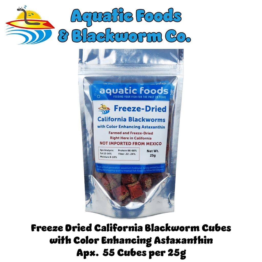 Aquatic Foods Inc. Freeze Dried California Blackworms, with Color Enhancing Astaxanthin for Discus, All Tropical Fish. Farmed and Freeze Dried in California USA! NOT Imported from Mexico…25 Grams