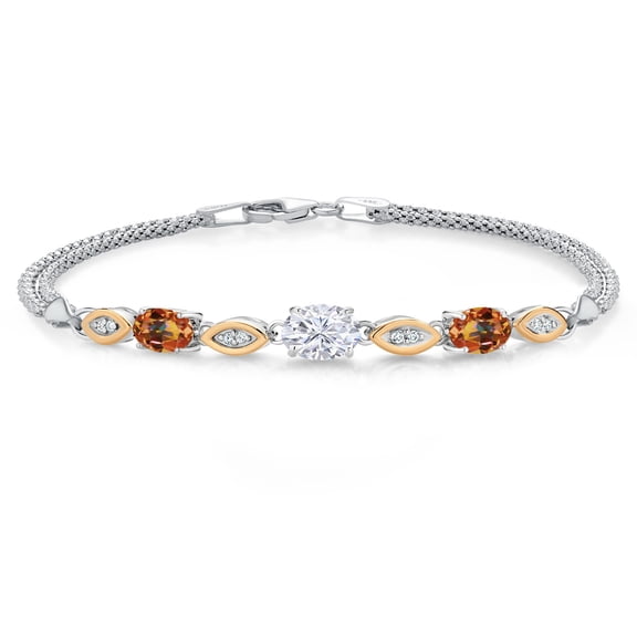 Gem Stone King 925 Silver and 10K Yellow Gold White Moissanite and Ecstasy Mystic Topaz and White Lab Grown Diamond Bracelet for Women (1.96 Cttw, Gemstone, Oval, Wheat Chain, 7.5 inches)