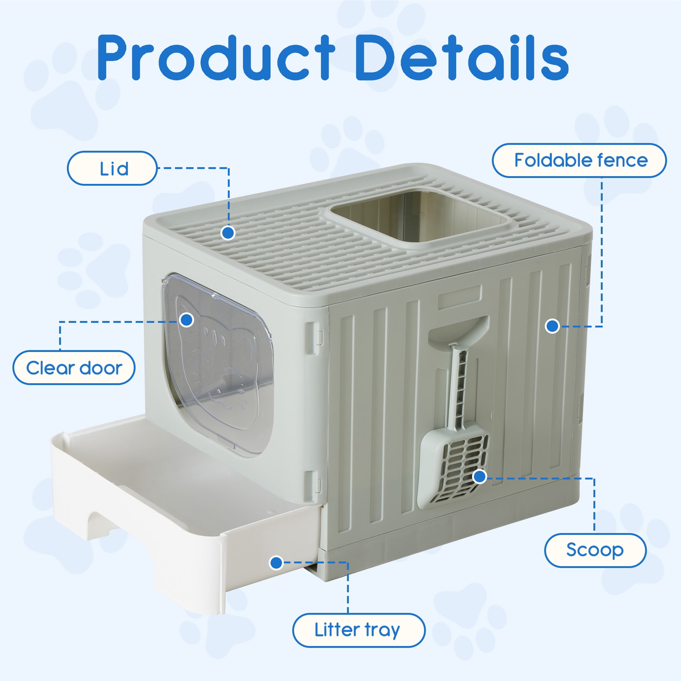 EDX Large Foldable Cat Litter Box with Lid, Enclosed Anti-Splashing Cat Box with Litter Scoop, Front Entry Top Exit Kitty Litter Box with Door, Drawer Design, Easy Cleaning & Odor Control, Gray