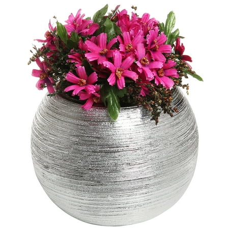 6.75-Inch Round Metallic Silver-Tone Ridged Ceramic Plant Pot