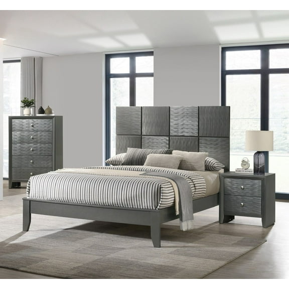 Gray Wooden Queen Panel Square Design Bed Chest Nightstand 3pc Bedroom Furniture Set