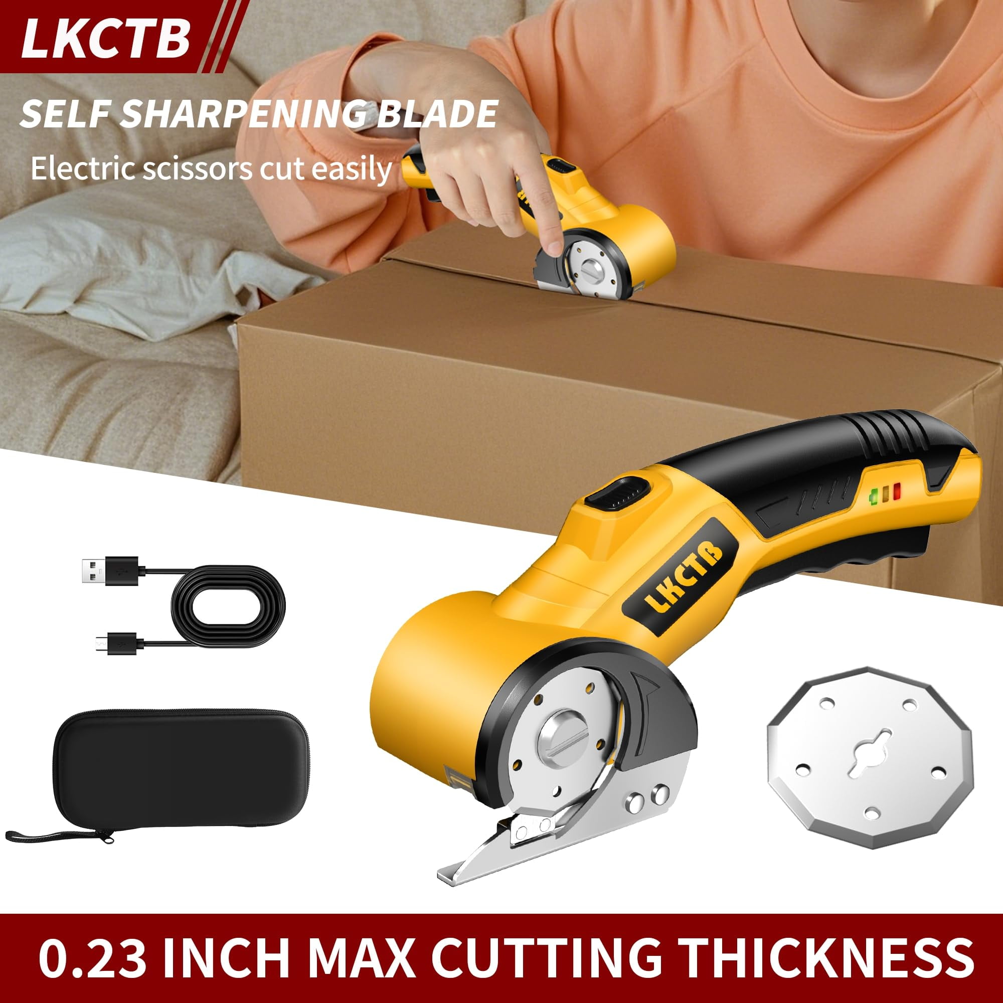 TANGKA Cordless Electric Scissors,4V 60-Minute Runtime with Dual Safety Locks,Auto-Stop Blade,Box Cutter for Carton, Carpet, Plastic, Fabric, Leather (Yellow)
