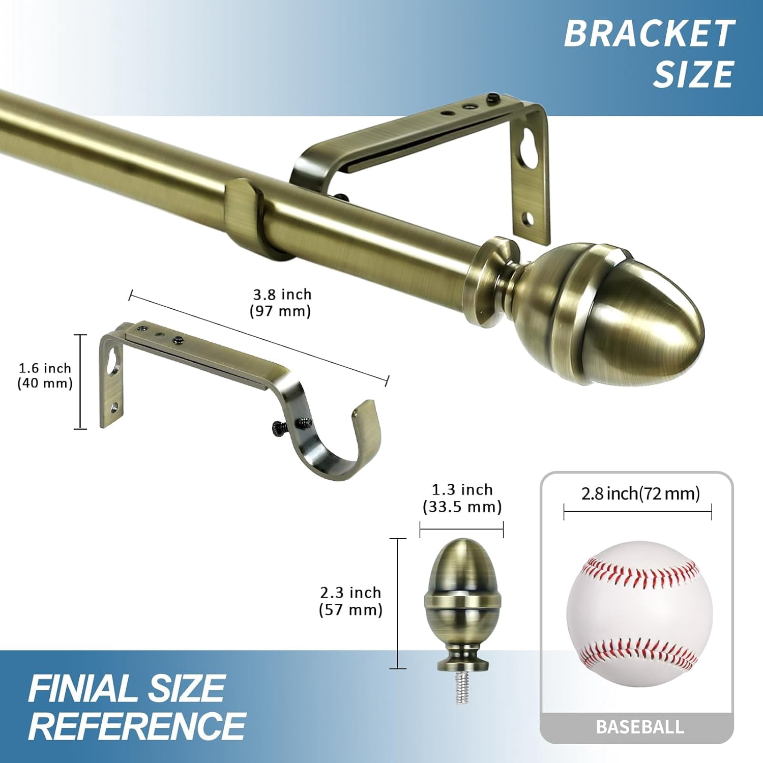 Urbanest Adjustable Single Curtain Rod Set Acorn Finials – 5/8-Inch Diameter, With Antique Brass Rod, 48–84 Inches