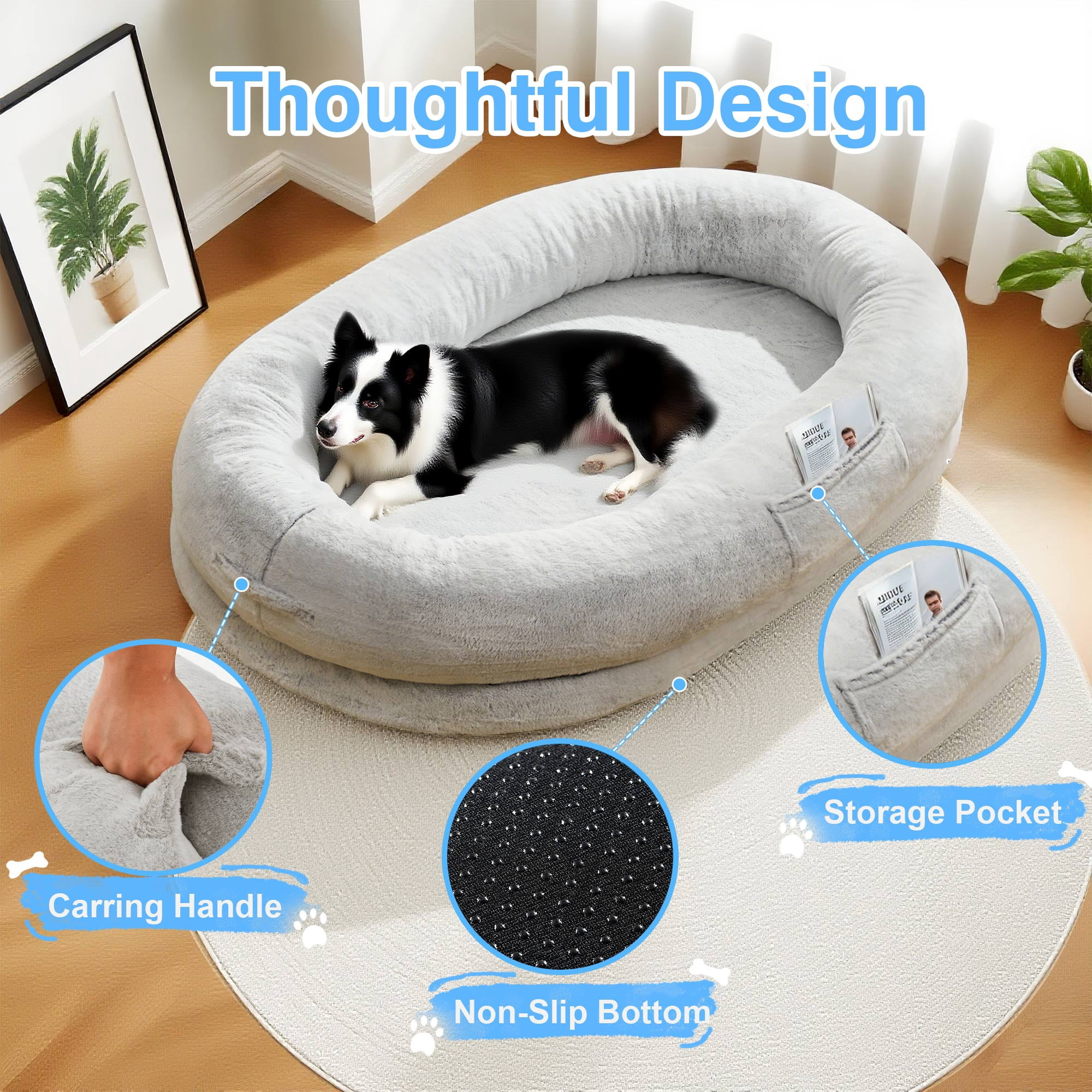 Extra Large Human Dog Bed for Adults & Pets, Faux Fur Orthopedic Lounger with Pillow & Blanket, Washable Nap Bed, Perfect Gift for Pet Lovers (68'' x 35'' x 14'')