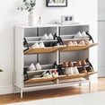thumbnail image 3 of Rustic oak rattan shoe gabinete con 4 flip cajones: freestanding, narrow shoe almacenamiento para entrada o hallway (blanca y oak), 3 of 6