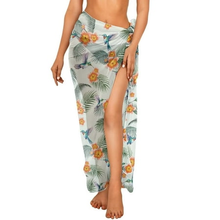 FKELYI Hummingbird Palm Tree Flower Print Women s Sarong Wraps Long Beach Swimsuit Cover Up Breathable Swimwear Pareo for Summer Soft Bikini Skirt Coverup for Bathing Suit