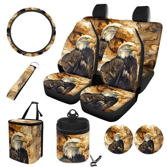 LedBack Eagle Print Car Seat Cover Sets Full Set Cloth 10Pcs Auto Interior Accessories High Back Seat Covers with Steering Wheel Cover Car Air Vent Storage Box Garbage Bag, etc