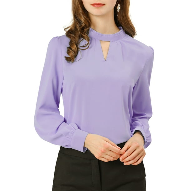 Blusa de botón con cuello de pie y pliegues para mujer INSPIRE CHIC 2XL en púrpura claro