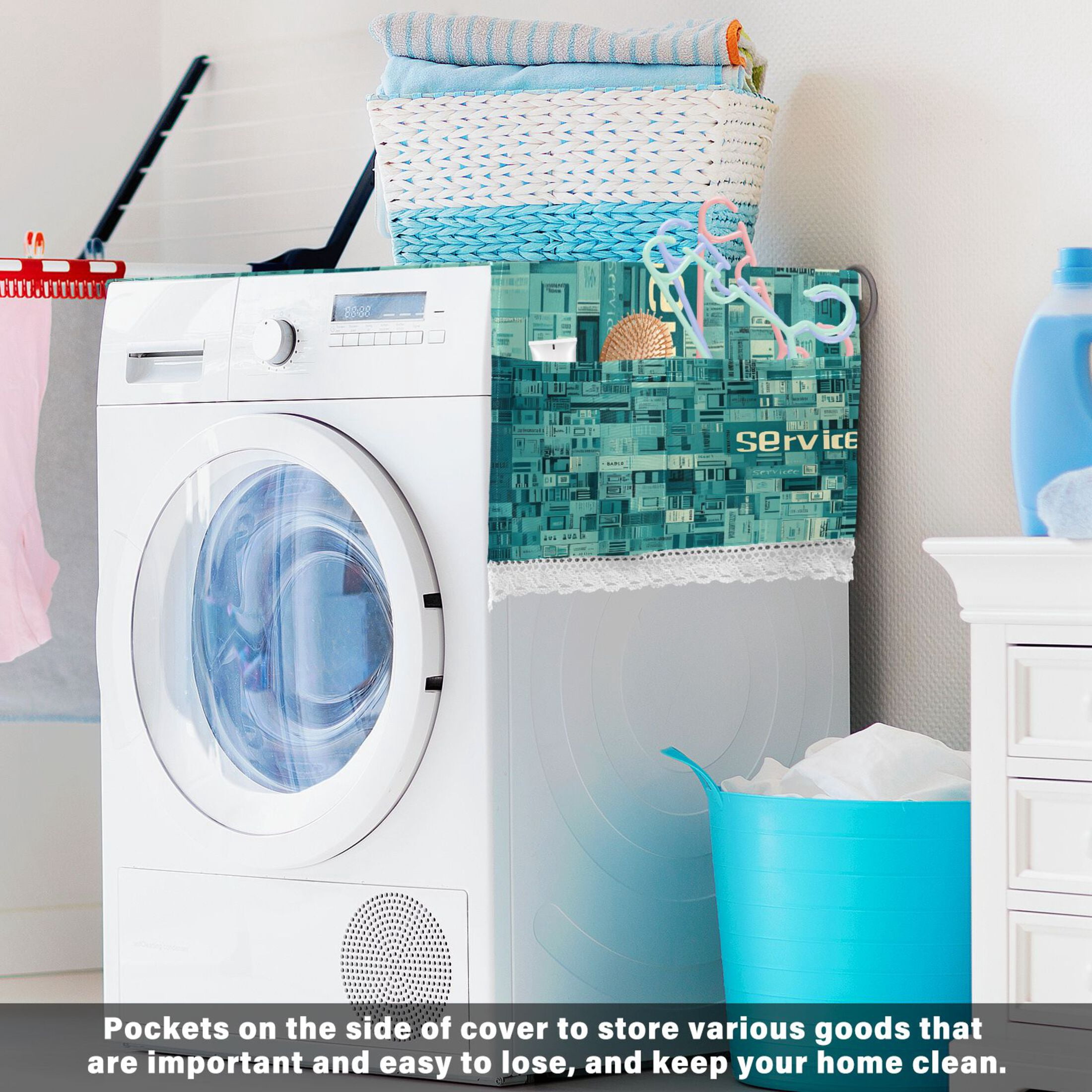 A Wallpaper with The WordWasher and Dryer Covers Dust-Proof and Oil Resistant Fridge Cover with 4 Storage Pockets Washing Machine Top Cover for Laundry Kitchen Home 51.2 x 22 In