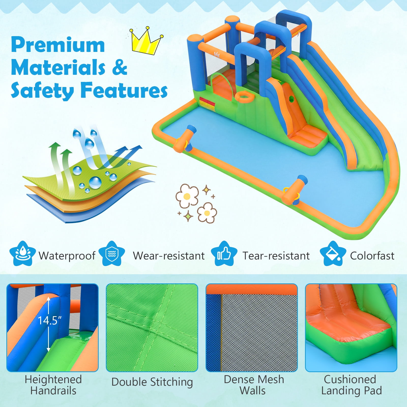Costway Inflatable Water Slide Park with Slide, Jumping Area, Splash Pool, 2 Climbing Walls