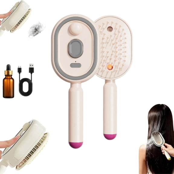 GJX Electric Steam Brush with Water Spray Rechargeable Steams Hair Straightener Usb-C Charging Anti-Static Red Light Hair Brush for Both Long & Short Hairs (Pink with Hair Serum)