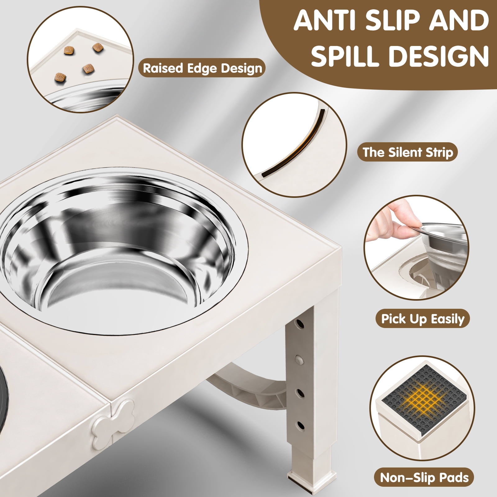 X XBEN Elevated Dog Bowls, 5 Heights Adjustable Dog Raised Bowl Stand with Two 1000ML Stainless Steel Dog Food and Water Bowls, Pet Bowl Holder to Protect Dogs Joints for Small Medium Large Dog,White