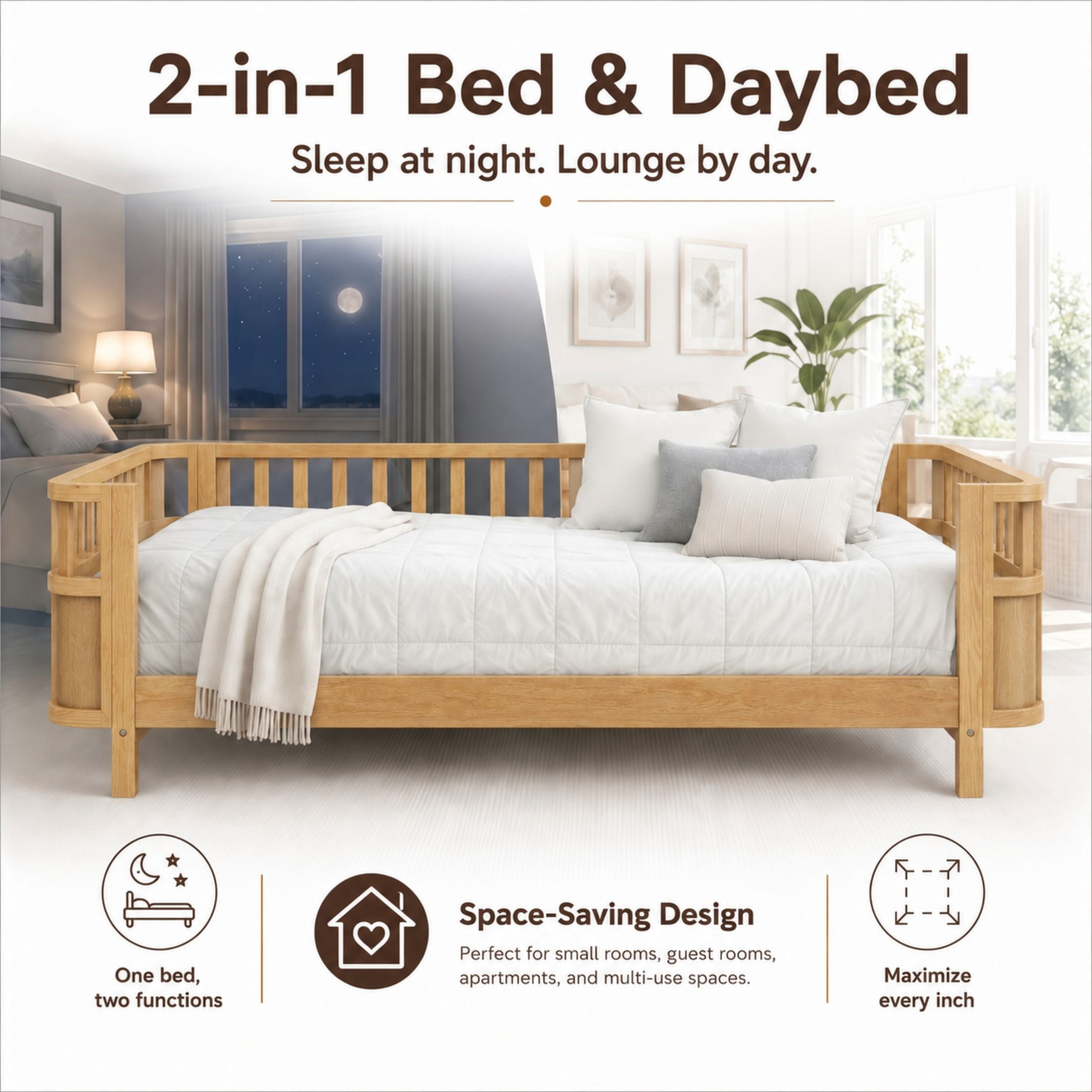 GDF Studio Darpel Full Size Wooden Montessori Bed Frame with Guard Rails, Pine Wood Low-Profile Floor Kids Bed, Natural