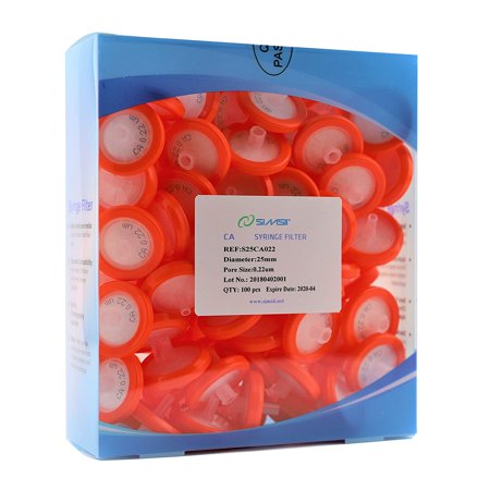 Syringe Filters, CA, Diameter: 25 mm, Micron Pore Size 0.22 um, Pack of 100
